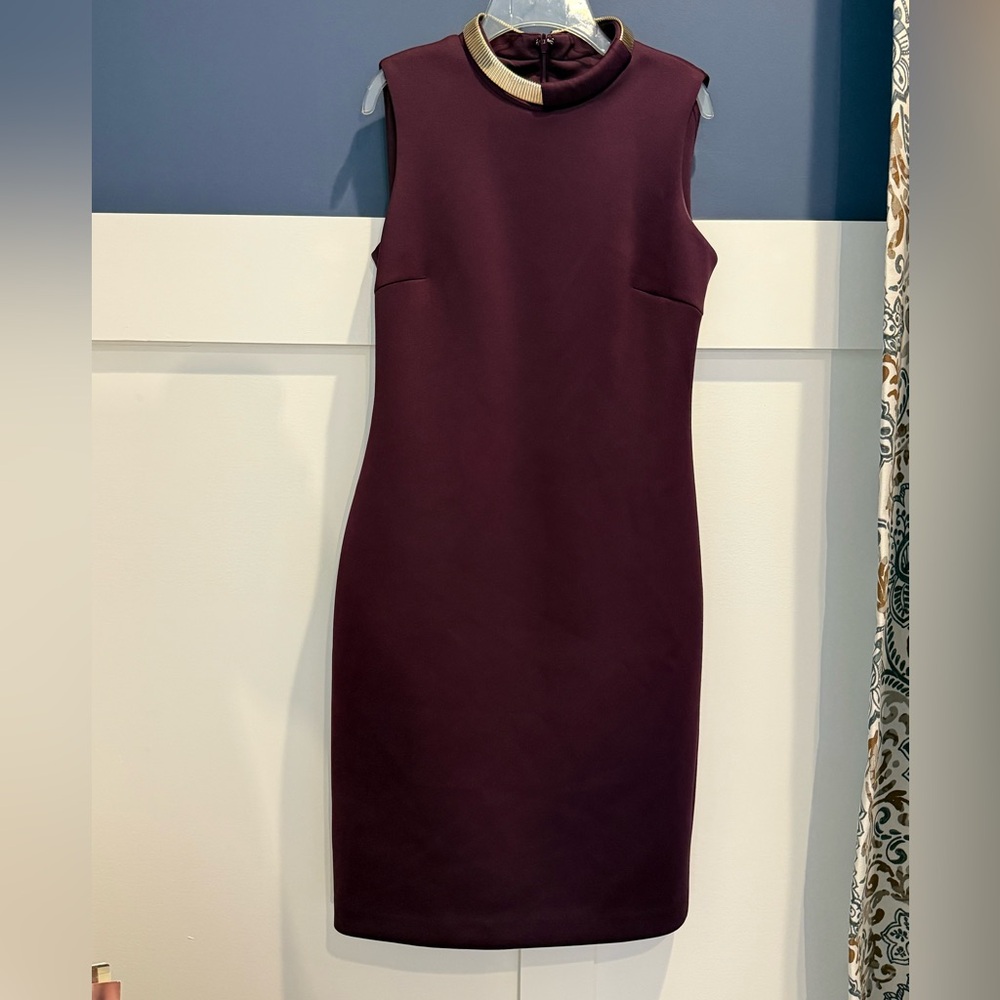 Calvin Klein Plum Sleeveless Midi Dress with Gold Neck Trim Sz 6